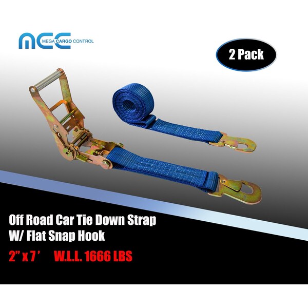 2" x 8' Ratchet Tie Down Strap w/ Flat Snap Hook Car Auto Hauler Tow Truck Blue, 2PK